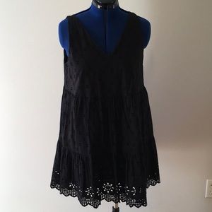Loft, NWT, black sleeveless dress w/ full midi skirt in eyelet material.